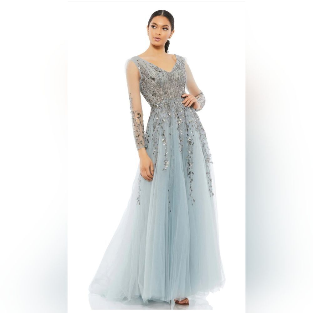 Mac Duggal EMBELLISHED V NECK LONG SLEEVE A LINE GOWN NWT sz 14 Platinum 20295